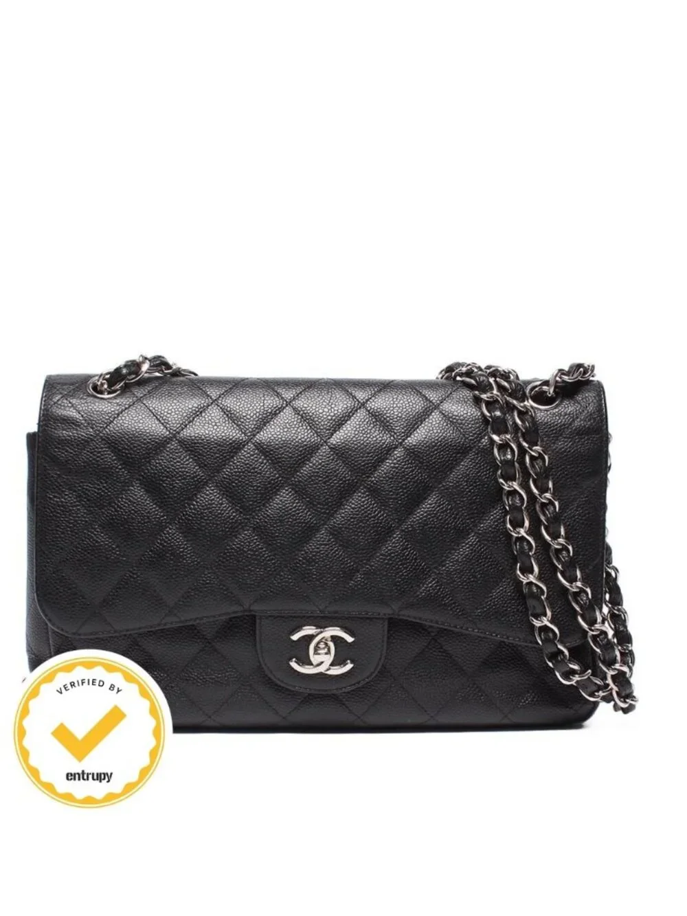 Chanel Chain Shoulder Bag Double Flap Silver Caviar Leather 16 Maxi Quilted 30